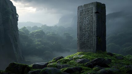 An ancient stone monolith with carvings stands amidst a misty, lush forest surrounded by rocks and dramatic cliffs.