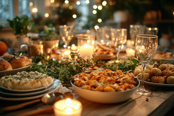 Naklejka premium Plates of food and candles on table.