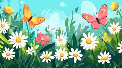 Spring Butterflies  Daisies Meadow.