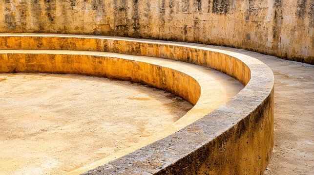 Curved stone seating in an ancient, weathered outdoor amphitheater with textured yellow walls and steps. - Powered by Adobe