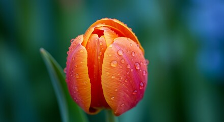 Fototapeta premium Flower Series : Orange tulip with water drops. Beautiful flower bud with a refreshing blurred background. Close-up of tulip