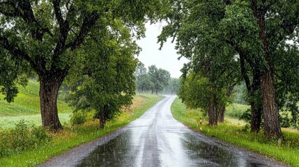 Country road lined with trees, wet asphalt, gentle rain. Lush greenery surrounds the pathway