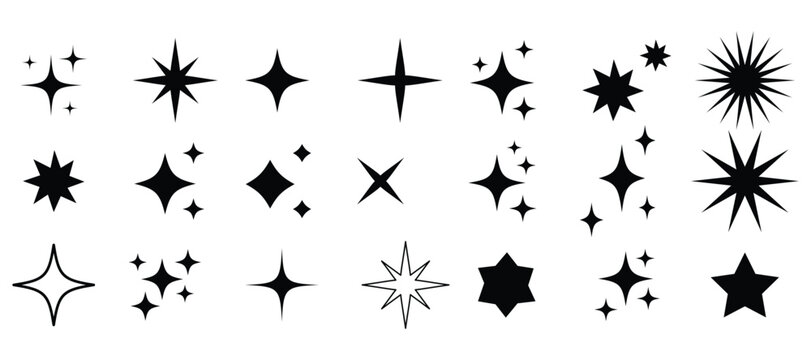 Star icons. Twinkling stars. Sparkles, shining burst. Christmas vector symbols isolated. Retro futuristic sparkle icons collection. collection of star icons in vector, shining icons, shiny, sparkling