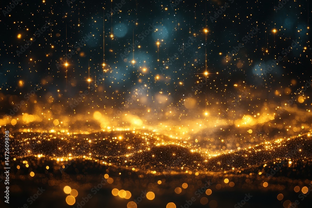 Poster captivating golden sparkles create a mesmerizing landscape of shimmering light and color in an ether