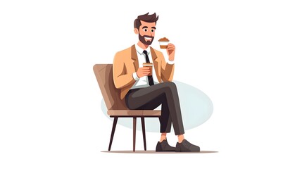 Professional Cartoon Vector of Cafe Clerk Drinking Coffee and Relaxing at Work