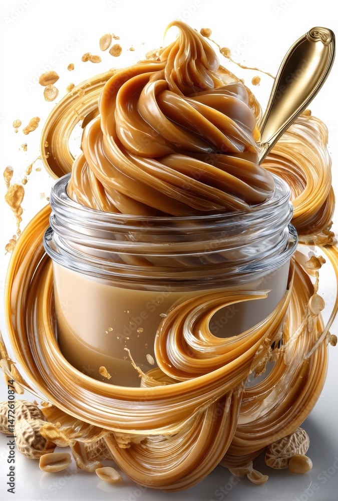 Poster creamy peanut butter swirl with a spoon in a transparent jar surrounded by peanut splashes and smoot