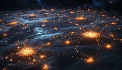 Quantum Internet Concept, A conceptual image of the quantum internet. A network of glowing nodes (representing quantum computers) connected by shimmering,