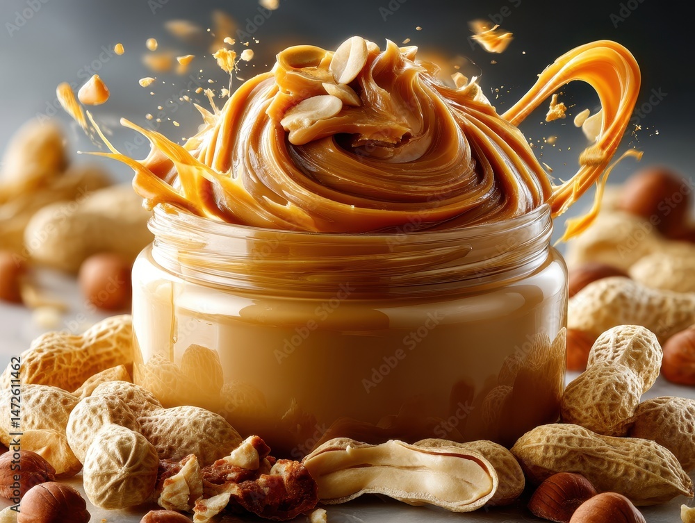 Poster creamy peanut butter swirl with peanuts in a jar surrounded by nuts and splashes, capturing the esse