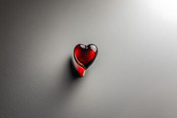 A single, shiny red glass heart sits on a gray background, casting a delicate shadow. Minimalist and romantic.
