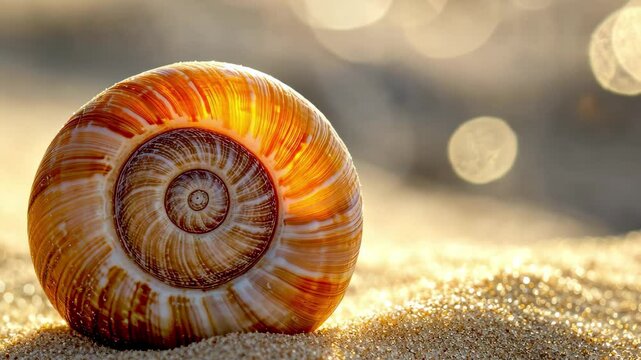 Spiral seashell resting on sandy beach with sunlight creating a warm glow, Closeup of spiral seashell on sandy surface with bokeh background