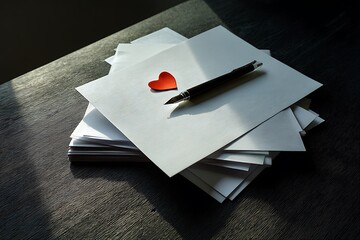 A heartfelt message awaits, a stack of white papers with a red heart and pen rests on a dark desk