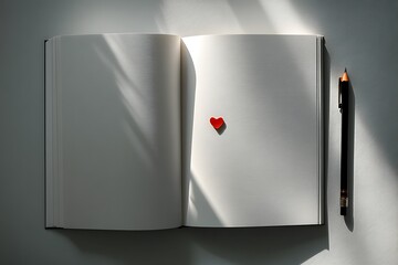 An open notebook with a red heart on a blank page and a pencil nearby.