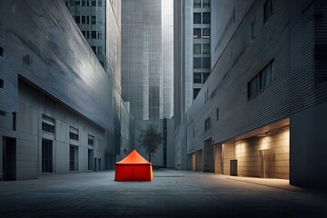 A lone orange tent stands in the heart of a desolate city. 