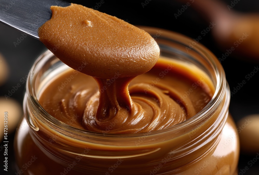 Poster creamy peanut butter swirled in a jar with smooth texture and rich color capturing deliciousness and