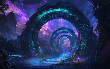Ancient, glowing rings in a mystical landscape