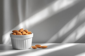 Almonds in white bowl on table.