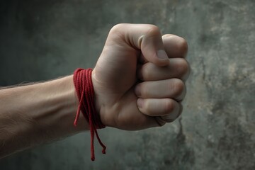 A clenched fist adorned with a red bracelet against a textured wall.