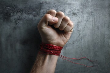 A Powerful Symbol of Resilience: A Hand Clenched into a Fist, Bound by Red Threads, Against a Grey Textured Background