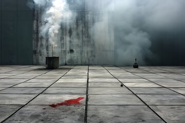 A somber and mysterious scene of ritualistic smoke and a blood stain on a concrete floor.