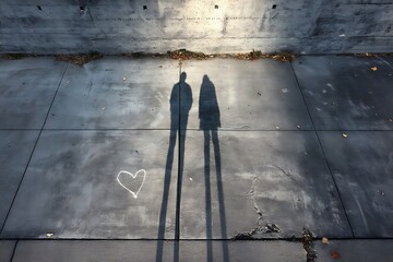 A poignant image of two elongated shadows forming a heart on the pavement, symbolizing love and togetherness.