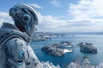 Futuristic robot gazes over a snowy lake landscape.