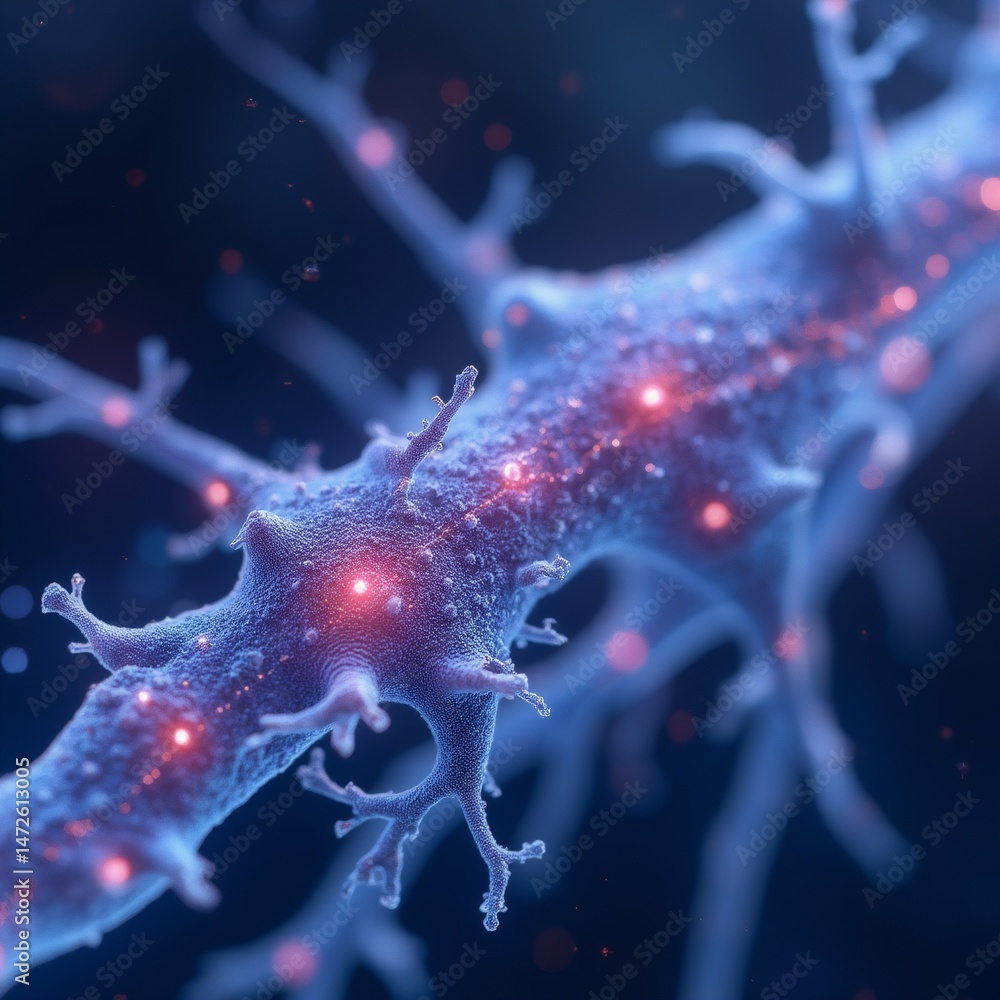 Poster close neuron which appears type nerve cell neuron center surrounded dark blue background neurons whi