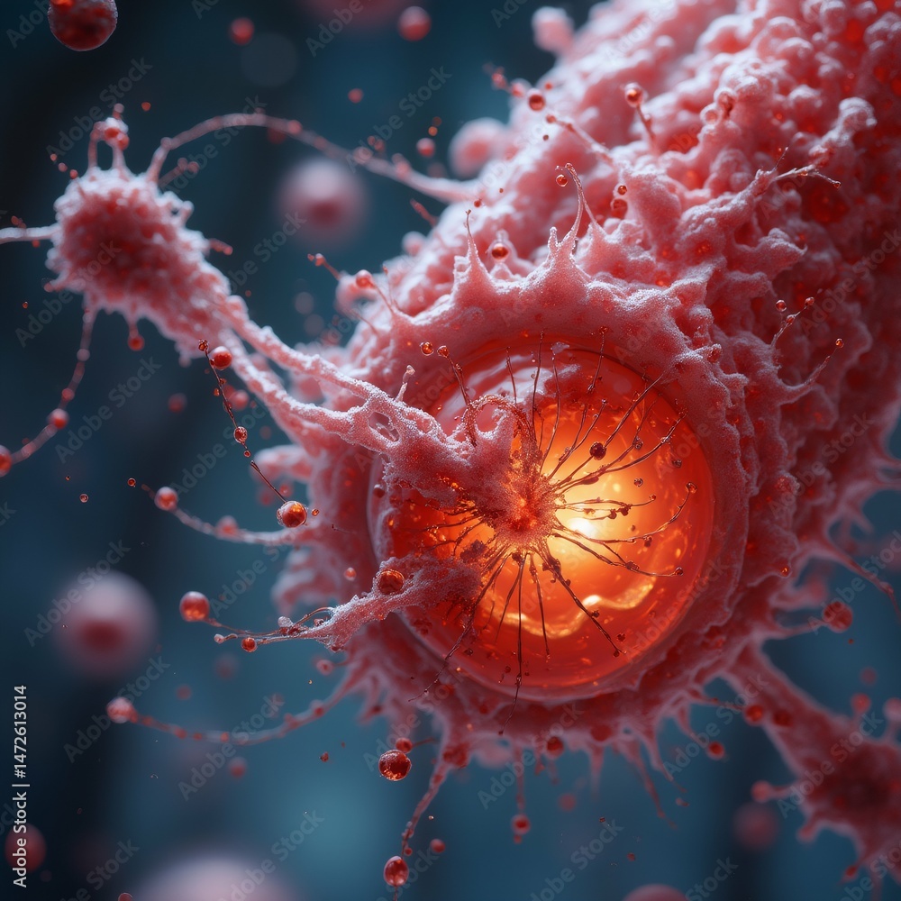 Poster close red colored cell spherical shape cell appears multiple layers cells center cell being largest 