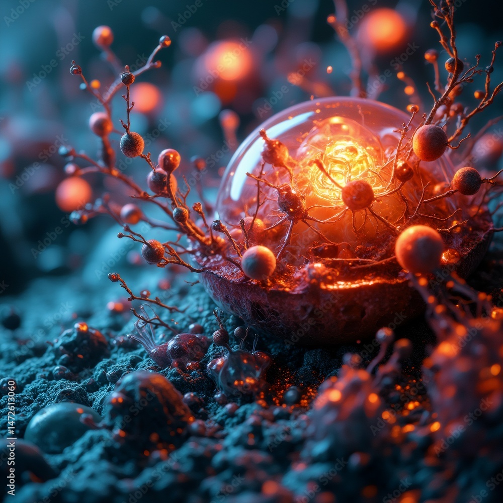 Poster close spherical object glowing orange light inside object appears dark material possibly stone concr