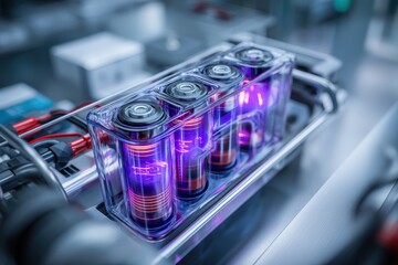 High-tech futuristic batteries with glowing elements.