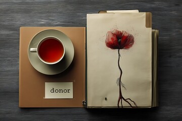 A still life with a poppy drawing and a cup of tea.