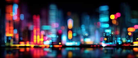 Vibrant city skyline at night with colorful neon lights.