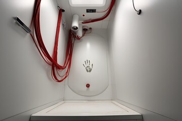Mysterious white room with red cables and a handprint on the floor: a futuristic research facility