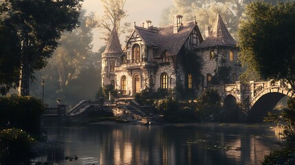 Obraz premium Rustic lakefront house illustration