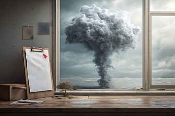 A tornado over the sea seen from a room window.