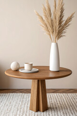 Minimalist interior design with wooden table vase and pampas grass arrangement creating a calm aesthetic