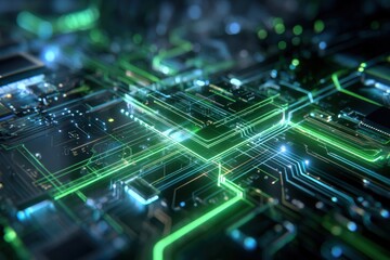 Futuristic circuit board with glowing pathways.