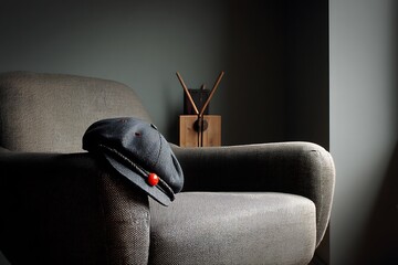 A single grey armchair sits in a dimly lit room, casting a long shadow, with a black cap resting on its armrest, adding a touch of casual style and quiet ambiance to the space.