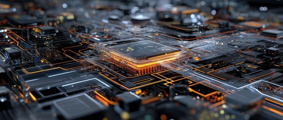 Close-up of a futuristic computer circuit board.