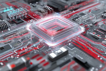 Futuristic circuit board with glowing pathways.
