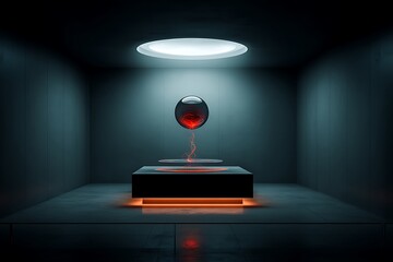A glowing orb levitates above a pedestal in a dark minimalist room.