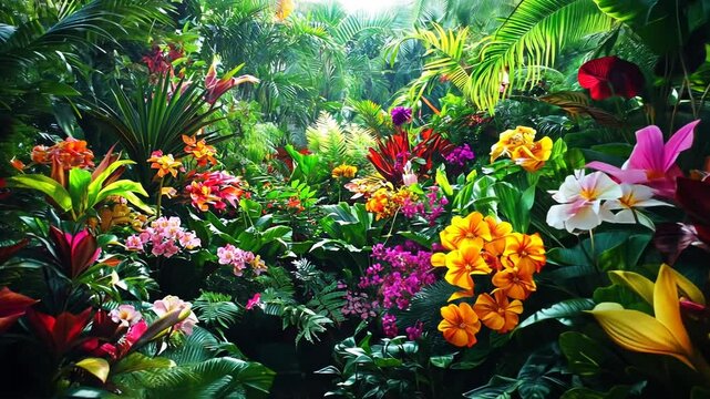 Vibrant tropical garden filled with colorful flowers