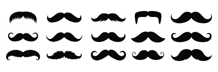 Obraz premium Collection of mustache set silhouette black white vector on white background. Set of gentleman's classic mustache vector