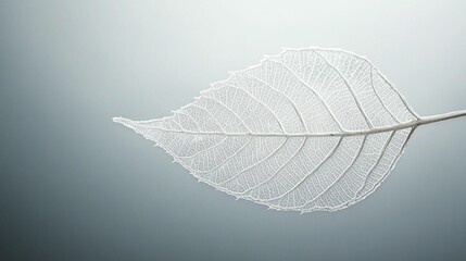 Delicate, translucent leaf, intricate veins, pale white,  against a soft grey background