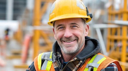Fototapeta premium Construction worker in hard hat and safety vest smiles on site. Confident and ready for the job.