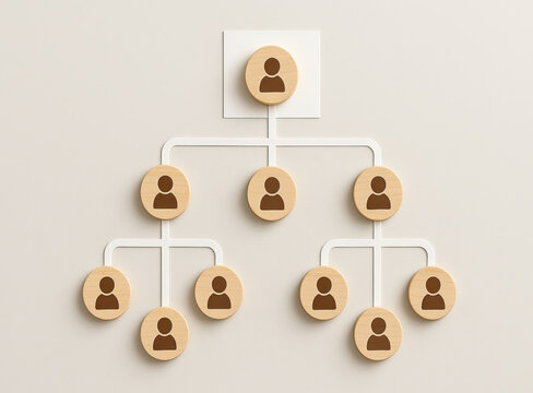 Organizational chart with wooden icons representing people connected by white lines beige background showing hierarchy