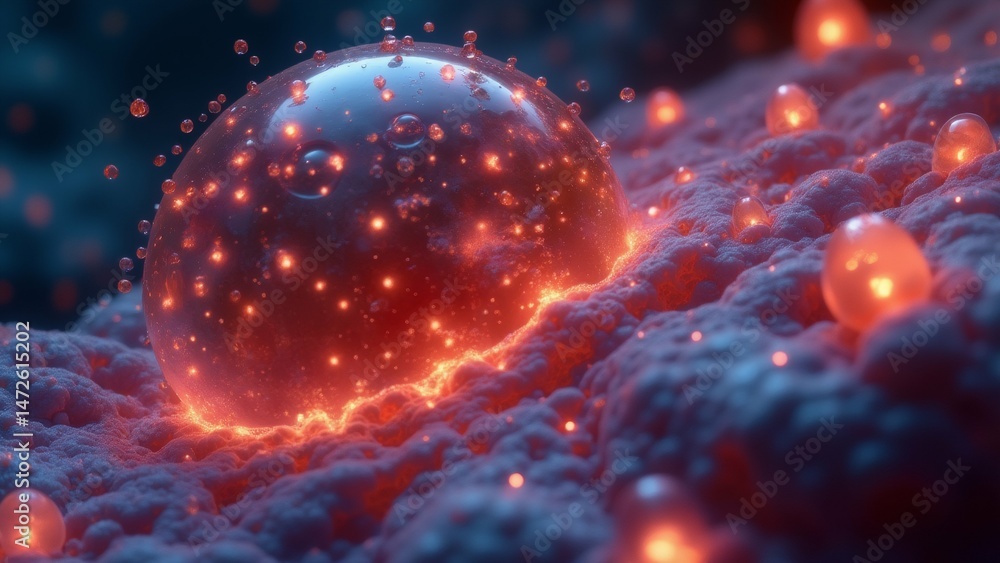 Poster abstract digital art piece appears close sphere sphere kind sphere spherical shape covered small red