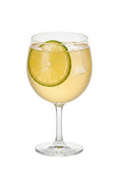 Clear drink with lime slice and ice in glass; light, cool, and refreshing