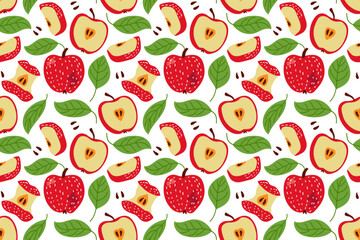 Seamless Apples Pattern. Red chopped and whole Apples fruits with green leaves. Summer apple orchard. Hand drawn vector illustration. Repeated template for textile, wrapping paper, wallpaper, scrap.