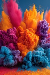 Explosive powdered pigment cloud frozen mid-air in vivid cyan, magenta, orange