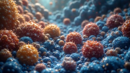 close group small round orange colored spheres scattered bed blue pebbles spheres appear covered layer frost snow giving glistening appearance background blurred making spheres focal point colors